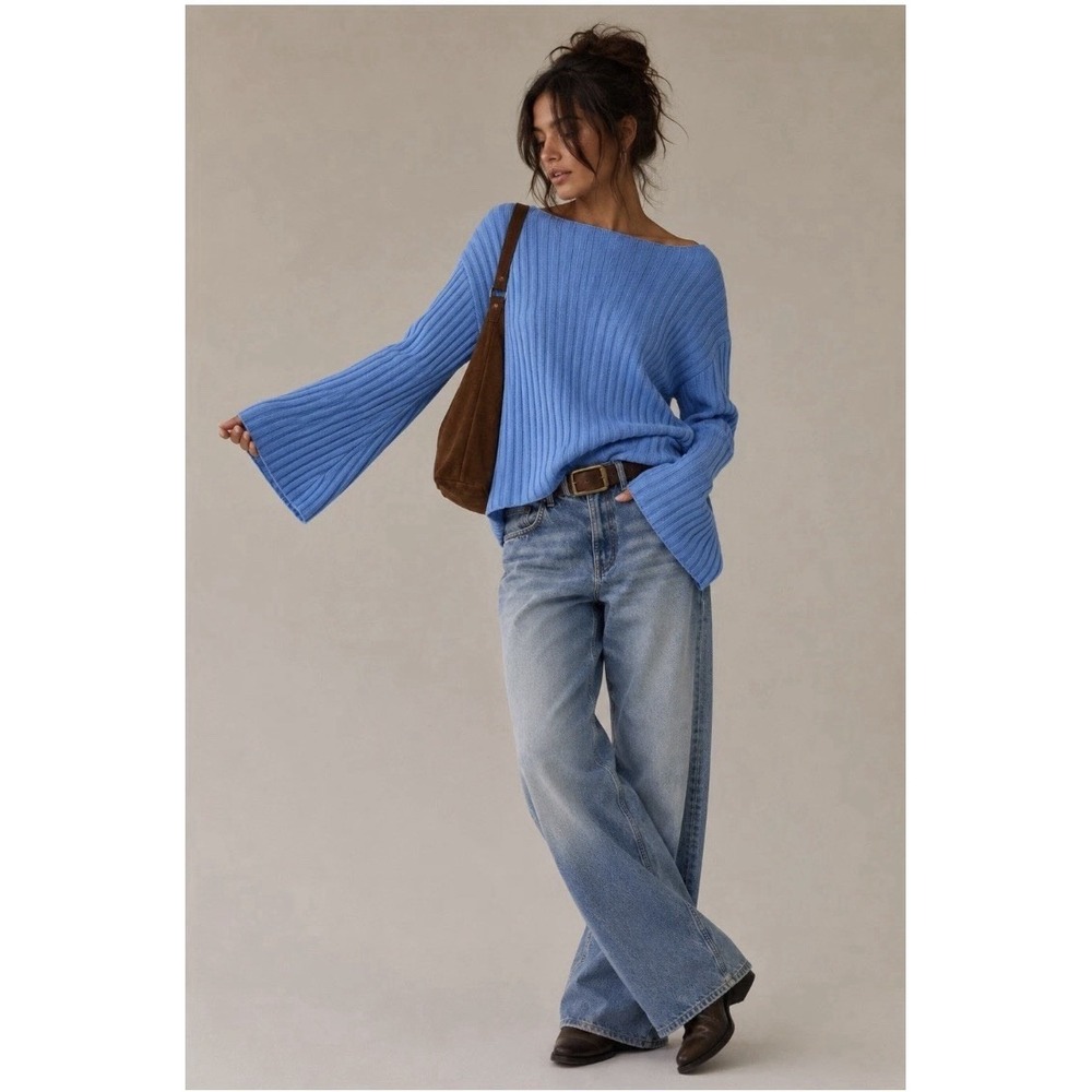 J.Crew Ribbed Lambswool Boatneck Bell Sleeve Sweater Blue Size L Quiet Luxury